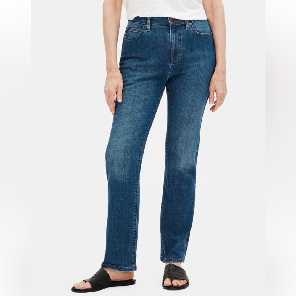 Eileen Fisher Organic Cotton Stretch Straight Leg Jeans Size 6 Aged Indigo Wash‎